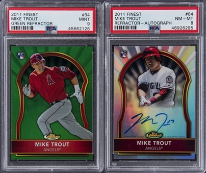 2011 Topps Finest Mike Trout PSA-Graded Serial Numbered Rookie Card Refractor Pair (2 Different) Featuring Signed Example!